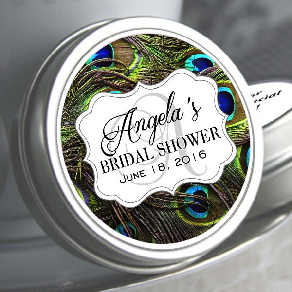 Personalized Peacock Feather Theme Wedding Favor Mint Tins