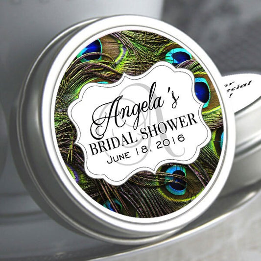 Personalized Peacock Feather Theme Wedding Favor Mint Tins